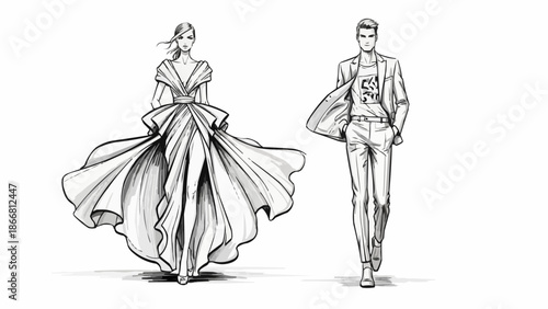 Fashion illustration of a woman in a ball gown and a man in a suit.