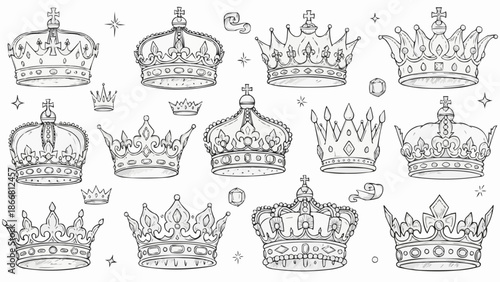 Collection of Hand Drawn Royal Crowns and Tiaras.