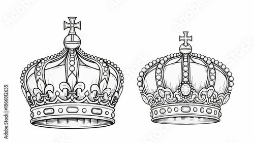 Two Ornate Royal Crowns Hand Drawn Sketch Style.
