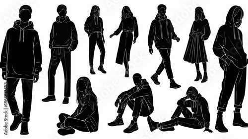 Collection of Diverse People Silhouettes in Casual Attire.