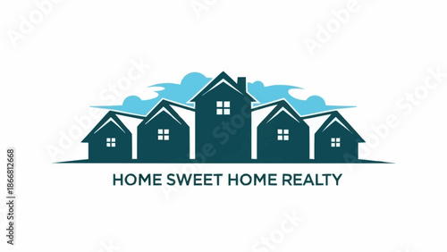 Home Sweet Home Realty Logo with Houses and Clouds.