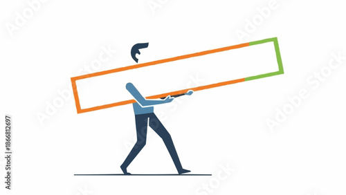 Man Carrying Large Empty Rectangular Frame on White Background.