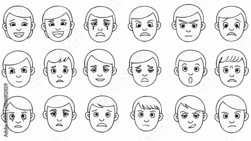 Collection of Diverse Human Face Emotions Expressed in Simple Line Art.