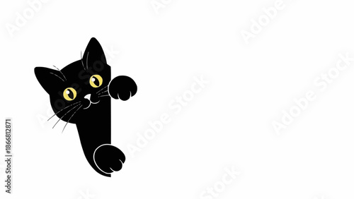 Curious black cat peeking around a corner with bright green eyes.