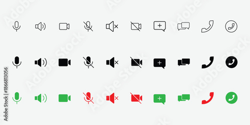 Virtual hangouts icons for conference call. On and off video, sound, camera and call icons isolated on white background. Flat vector illustration