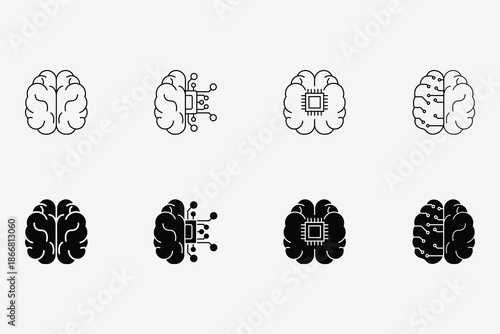 Brain Half Human Half Circuit AI Technology Concept Icon. AI Brain Icon with Microchip. Artificial Intelligence Vector Illustration