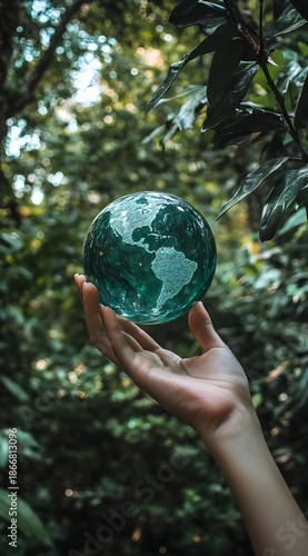 Hand Holding a Glass Globe of the Earth in Lush Green Forest