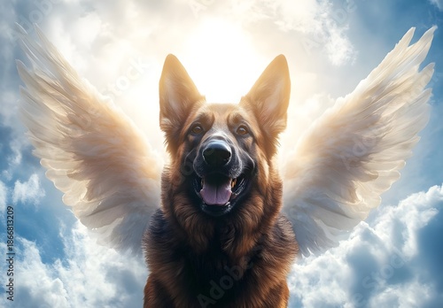 German Shepherd Dog with Angel Wings in Heaven