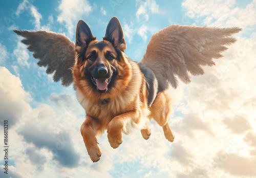 German Shepherd Dog with Wings Flying in the Sky