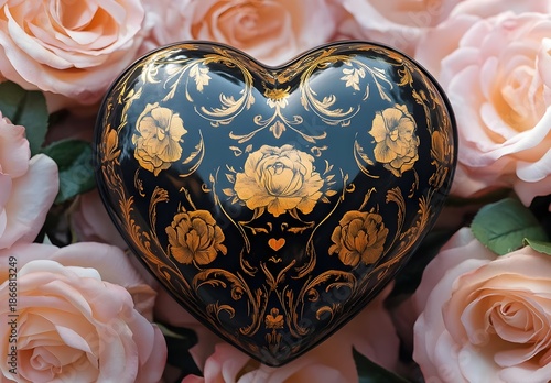 Heart-Shaped Box with Gold Roses and Floral Design, Surrounded by Peach Roses