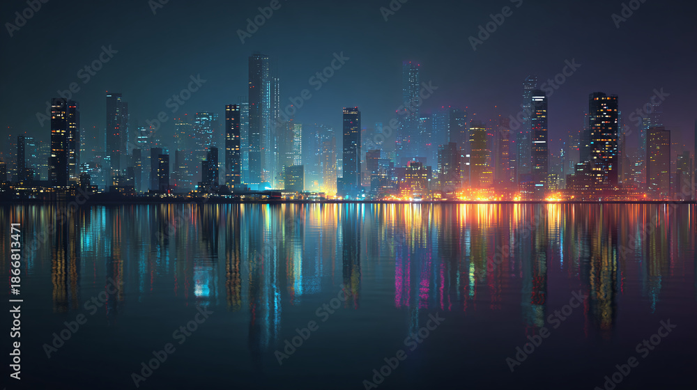 Fototapeta premium A cityscape reflecting the night lights across the tranquil water, with modern buildings and a vibrant skyline