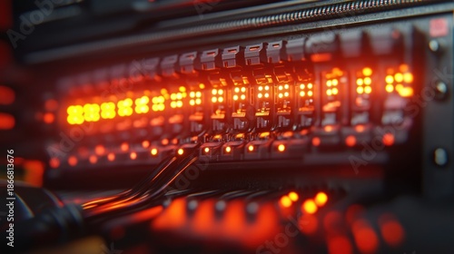 Close-up of server rack with glowing LEDs and wires