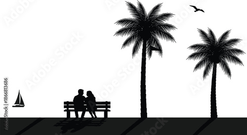 Romantic couple silhouette sitting on bench under palm trees by sea, sunset beach love illustration, minimal travel background art design