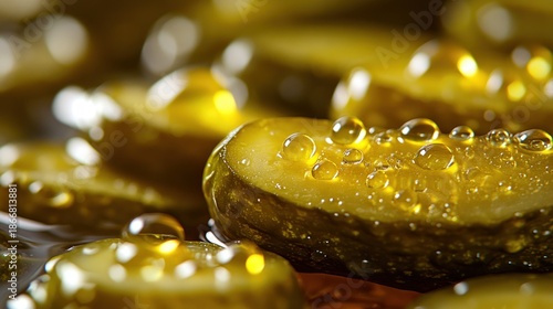 Close-up of sliced dill pickles, glistening with brine