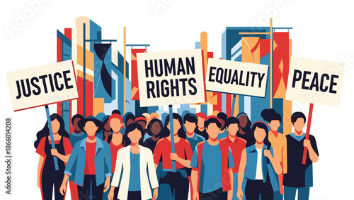 Peaceful civil rights march with diverse people holding protest signs in a city street, flat vector illustration symbolizing humanity, equality, justice, unity, and social change