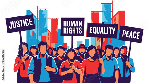 Peaceful civil rights march with diverse people holding protest signs in a city street, flat vector illustration symbolizing humanity, equality, justice, unity, and social change