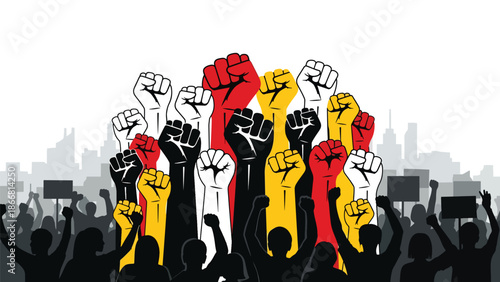 Raised fists symbolizing civil rights and human dignity, flat vector illustration expressing strength, unity, equality, justice, and collective humanity in a powerful social justice scene