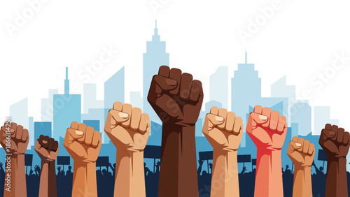 Raised fists symbolizing civil rights and human dignity, flat vector illustration expressing strength, unity, equality, justice, and collective humanity in a powerful social justice scene