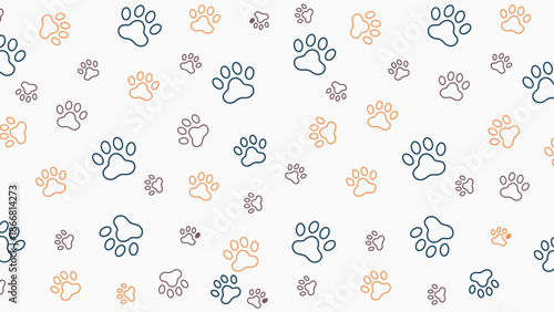 Seamless pattern with navy blue and orange paw prints on white background. Minimalist animal footprint vector for pet grooming, veterinary branding, and textile decor