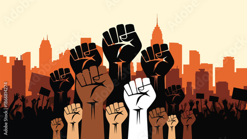 Raised fists symbolizing civil rights and human dignity, flat vector illustration expressing strength, unity, equality, justice, and collective humanity in a powerful social justice scene