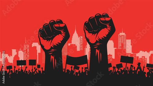 Raised fists symbolizing civil rights and human dignity, flat vector illustration expressing strength, unity, equality, justice, and collective humanity in a powerful social justice scene