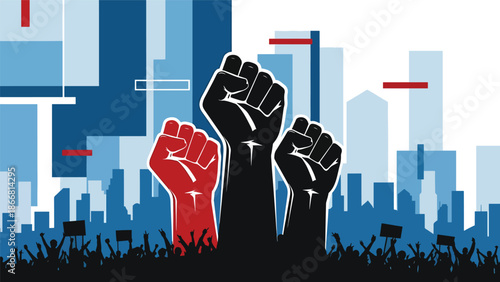 Raised fists symbolizing civil rights and human dignity, flat vector illustration expressing strength, unity, equality, justice, and collective humanity in a powerful social justice scene