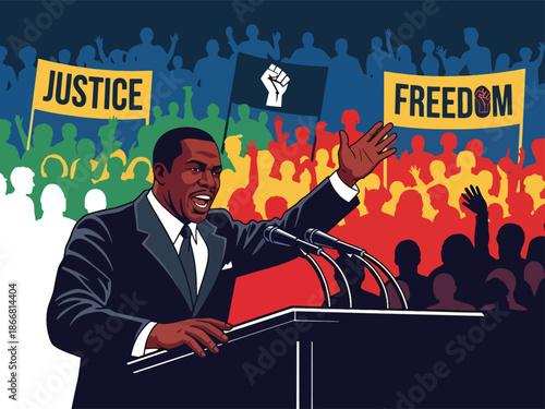 Civil rights leader speaking to a peaceful crowd, flat vector illustration representing humanity, freedom of speech, equality, justice, and inspirational leadership in social movements