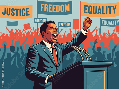 Civil rights leader speaking to a peaceful crowd, flat vector illustration representing humanity, freedom of speech, equality, justice, and inspirational leadership in social movements