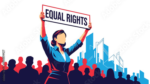 Woman holding equal rights sign during peaceful protest, flat vector illustration symbolizing humanity, gender equality, justice, empowerment, and civil rights advocacy