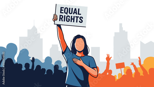 Woman holding equal rights sign during peaceful protest, flat vector illustration symbolizing humanity, gender equality, justice, empowerment, and civil rights advocacy