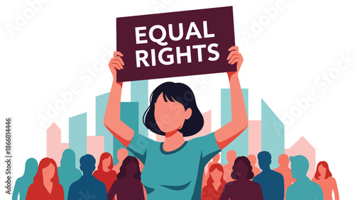 Woman holding equal rights sign during peaceful protest, flat vector illustration symbolizing humanity, gender equality, justice, empowerment, and civil rights advocacy