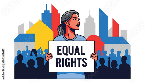 Woman holding equal rights sign during peaceful protest, flat vector illustration symbolizing humanity, gender equality, justice, empowerment, and civil rights advocacy