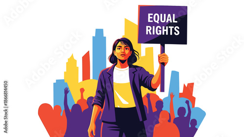 Woman holding equal rights sign during peaceful protest, flat vector illustration symbolizing humanity, gender equality, justice, empowerment, and civil rights advocacy