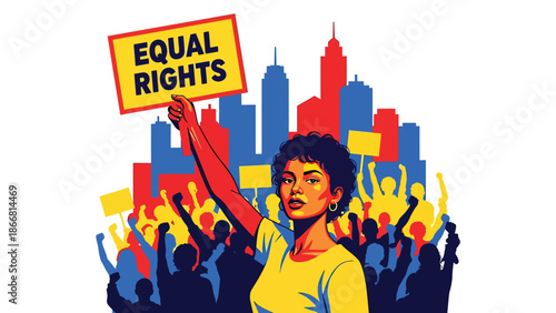 Woman holding equal rights sign during peaceful protest, flat vector illustration symbolizing humanity, gender equality, justice, empowerment, and civil rights advocacy