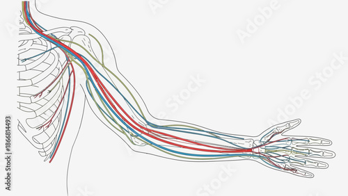 Detailed medical illustration depicting the major arteries veins and nerves running through the human arm shoulder and hand structures clearly outlined