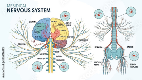 Detailed illustration showcasing the complex anatomical structure of the mesidical nervous system including the brain and spinal cord connections labeled clearly.
