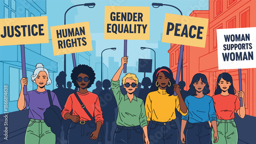Women leading civil rights march, flat vector illustration emphasizing humanity, empowerment, equality, justice, leadership, and peaceful social activism