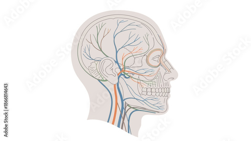 Detailed illustration displays the intricate network of human facial nerves and blood vessels overlaid upon a side profile diagram of the skull structure.