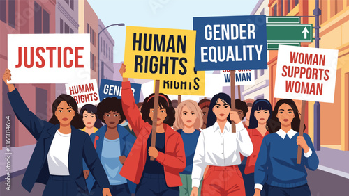 Women leading civil rights march, flat vector illustration emphasizing humanity, empowerment, equality, justice, leadership, and peaceful social activism