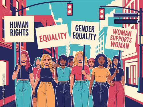 Women leading civil rights march, flat vector illustration emphasizing humanity, empowerment, equality, justice, leadership, and peaceful social activism