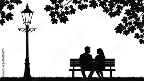 Romantic couple sitting on park bench silhouette under street lamp and autumn leaves evening love illustration black white vector art