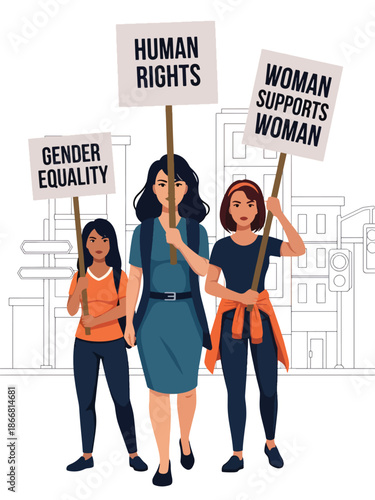 Women leading civil rights march, flat vector illustration emphasizing humanity, empowerment, equality, justice, leadership, and peaceful social activism