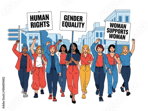 Women leading civil rights march, flat vector illustration emphasizing humanity, empowerment, equality, justice, leadership, and peaceful social activism