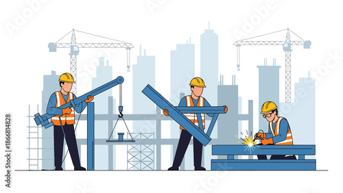 Construction workers building a modern city structure at an active job site, flat vector illustration showing teamwork, safety gear, cranes, scaffolding, and professional construction industry workflo
