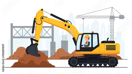 Construction worker operating excavator at an urban job site, flat vector illustration highlighting heavy machinery, earthmoving work, safety equipment, and professional construction operations