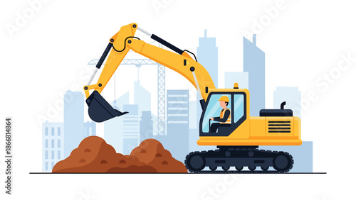 Construction worker operating excavator at an urban job site, flat vector illustration highlighting heavy machinery, earthmoving work, safety equipment, and professional construction operations