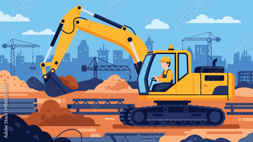 Construction worker operating excavator at an urban job site, flat vector illustration highlighting heavy machinery, earthmoving work, safety equipment, and professional construction operations