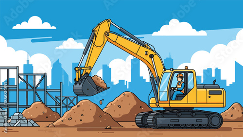Construction worker operating excavator at an urban job site, flat vector illustration highlighting heavy machinery, earthmoving work, safety equipment, and professional construction operations