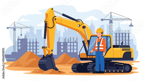 Construction worker operating excavator at an urban job site, flat vector illustration highlighting heavy machinery, earthmoving work, safety equipment, and professional construction operations