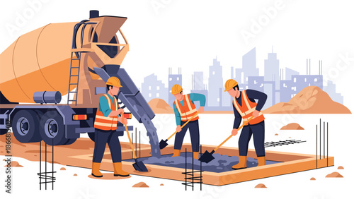 Construction workers pouring concrete foundation at building site, flat vector illustration showing teamwork, materials, safety gear, and professional construction process for infrastructure